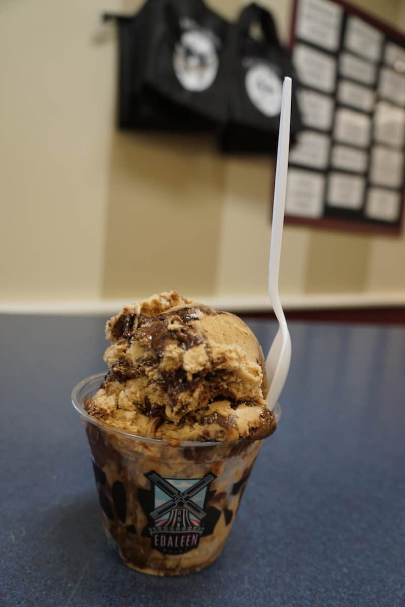 coffee almond fudge ice cream in a cup with white plastic spoon