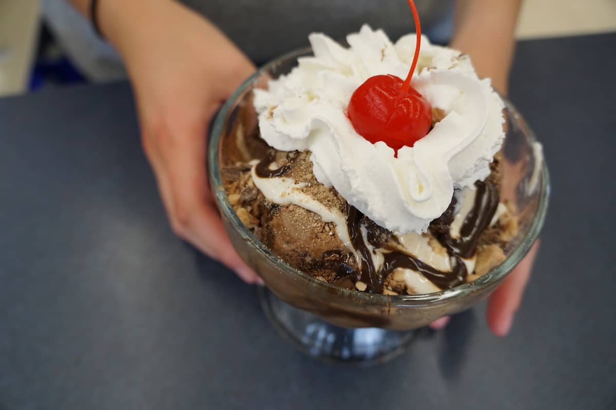 ice cream sundae chocolate ice cream, fudge, whipped cream with cherry