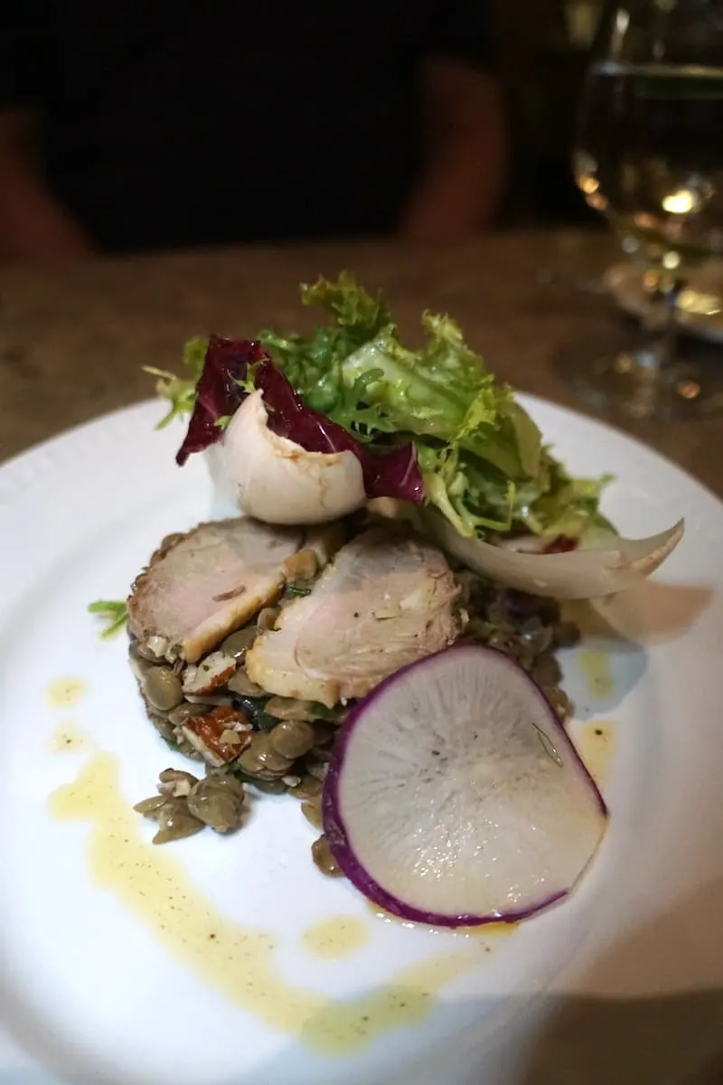 lentil salad with endive and slices of duck breast