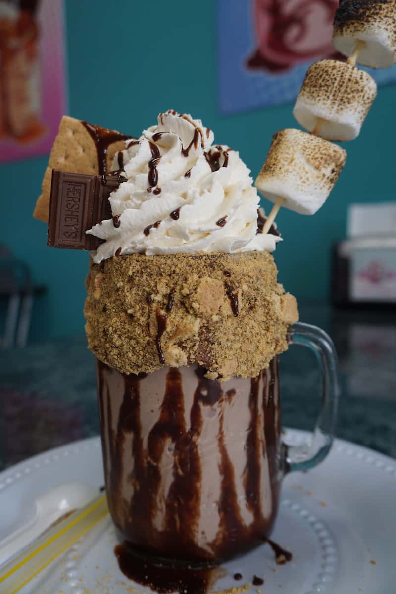 chocolate ice cream monster shake with whipped cream, chocolate syrup, graham crackers, chocolate bar, and marshmallows