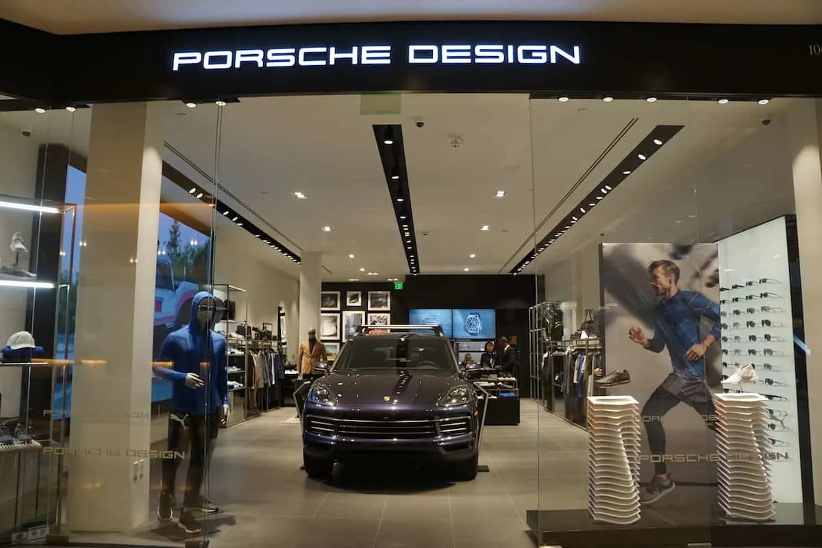 blue Porsche at Porsche store at South Coast Plaza shopping mall