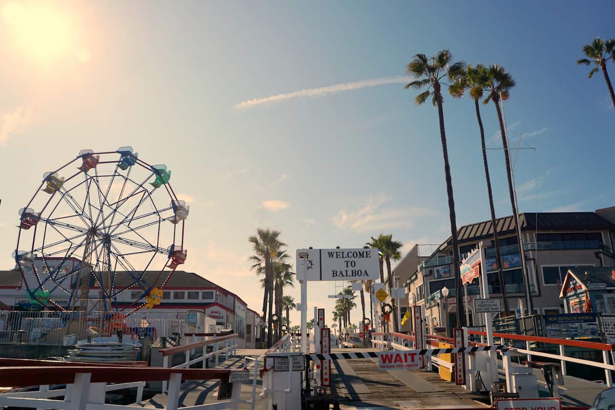 view of the Balboa Fun Zone and Ferris Wheel from the ferry landing