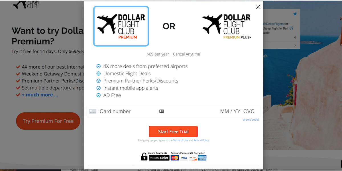add your billing information for Dollar Flight Club