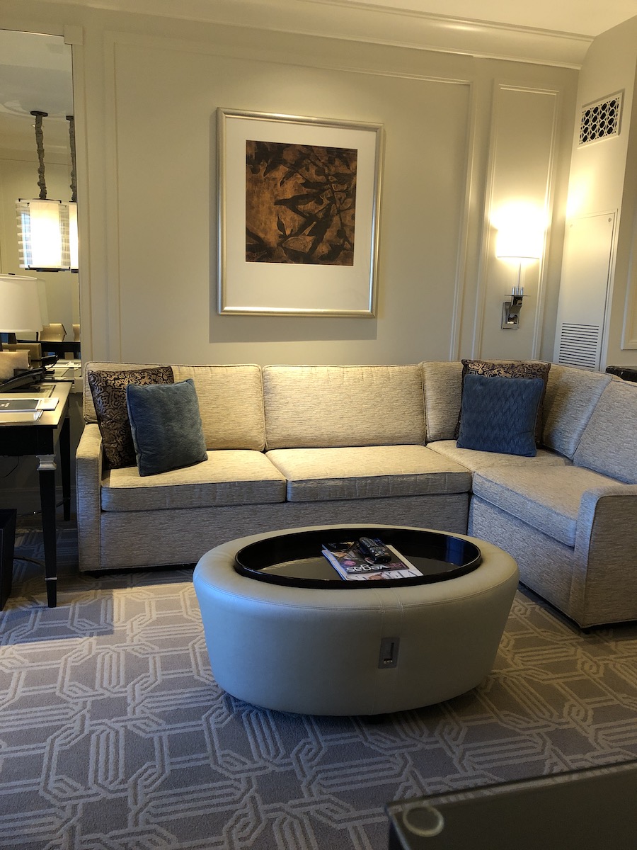 tan leather coffee table in suite living room at The Palazzo Las Vegas