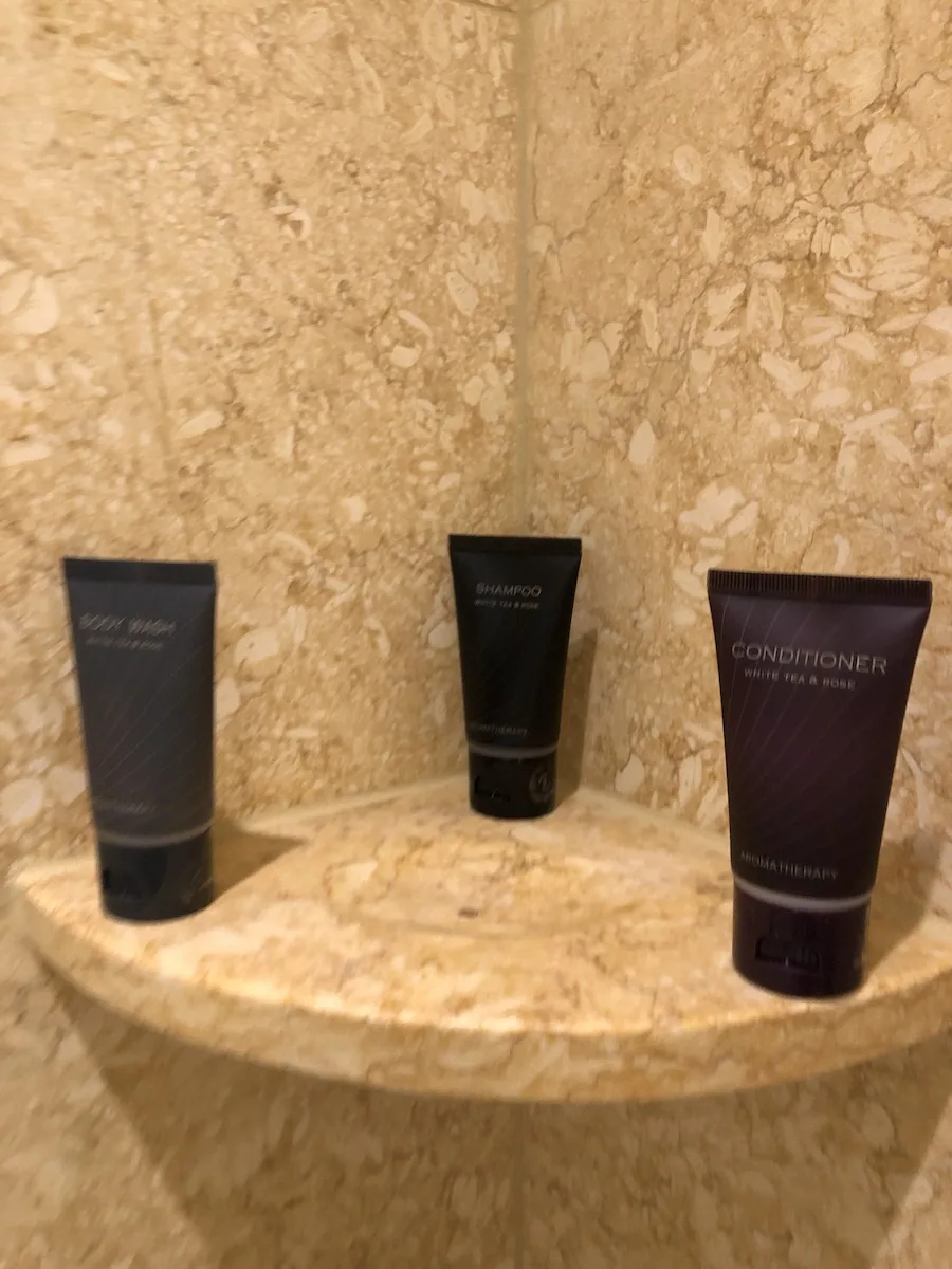 The Palazzo Las Vegas toiletries: shampoo, conditioner, and shower gel