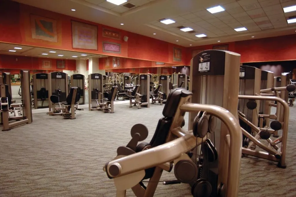 tan fitness machines in tan carpeted fitness center at Canyon Ranch Spa Las Vegas