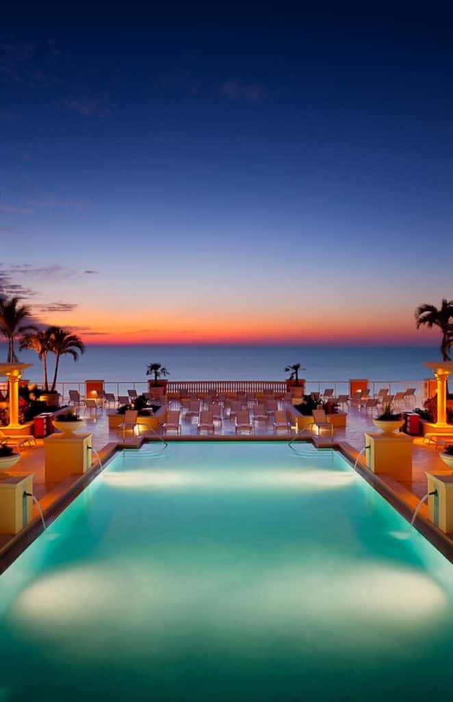 Hotel pool at sunset