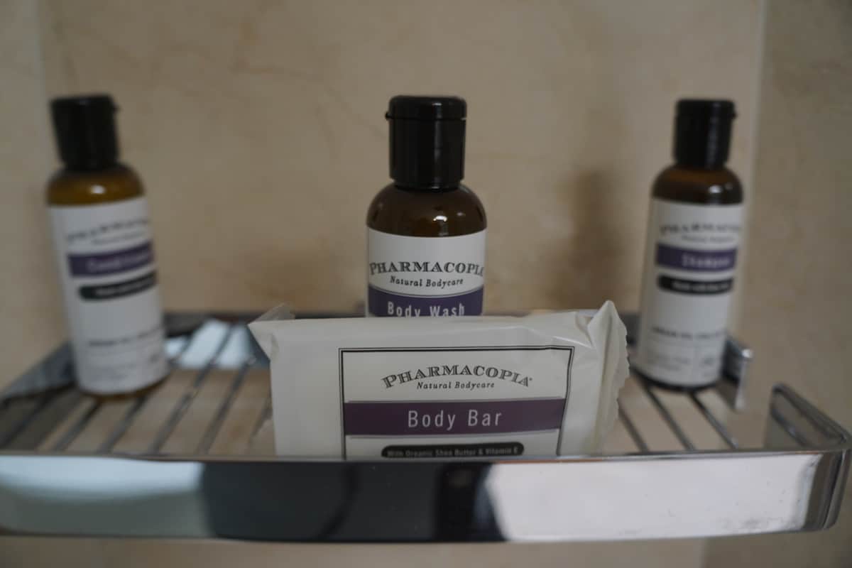 Pharmacopia toiletries: shampoo, conditioner, body wash, and bar soap