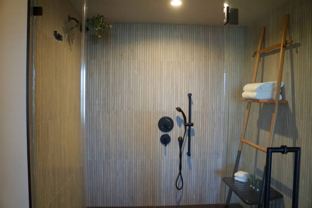 large walkin shower with two shower heads at luxury hotwl