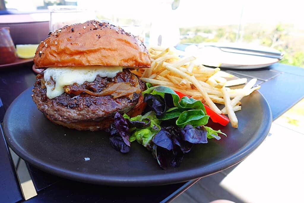 burger with fries, leafy greens and tomato slices on black pate