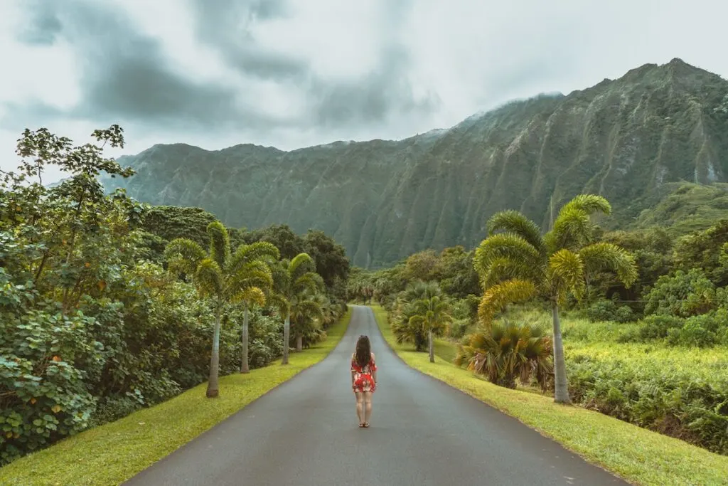 woman walking on black concrete road in front of mountain Ho'omaluhia Botanical Garden, Kaneohe, United States