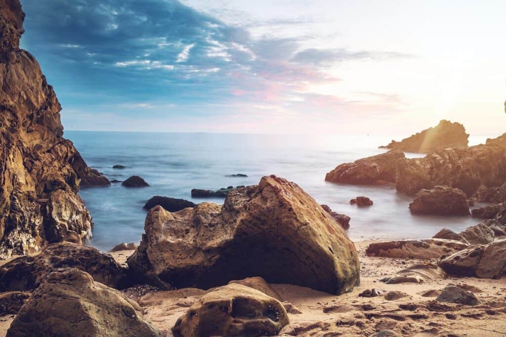 huge rock near beach at Little Corona Beach, Newport Beach, United States