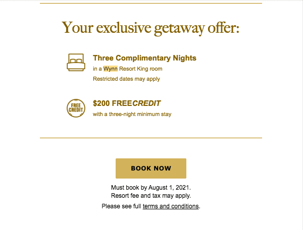 email of free stay offer of three free nights and $200 in free play