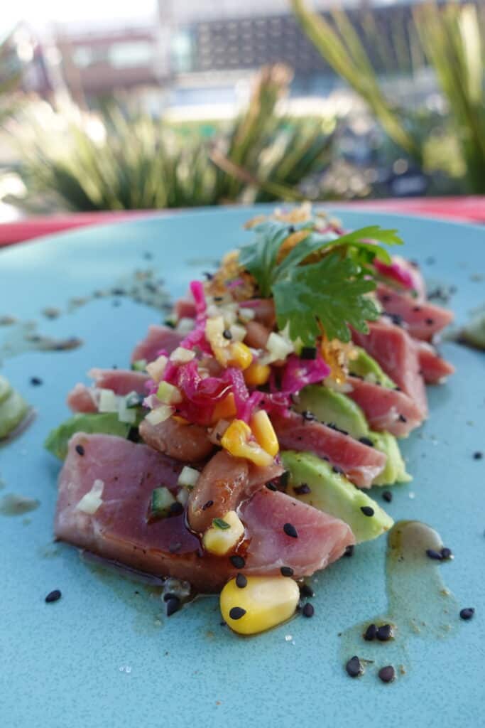 ahi tuna with avocado, red cabbage, and pinto beans on a teal blue plate at telefonica gastro park in tijuana mexico