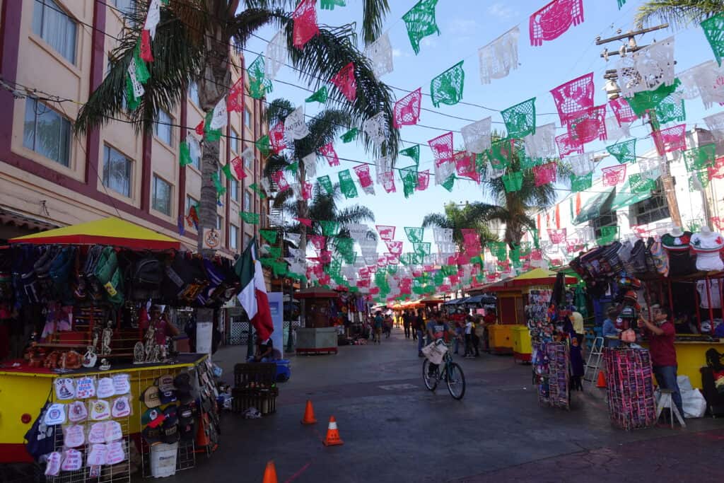 pink, green, and white flags hanging over shops selling souvenirs at Plaza Santa Cecilia in Tijuana