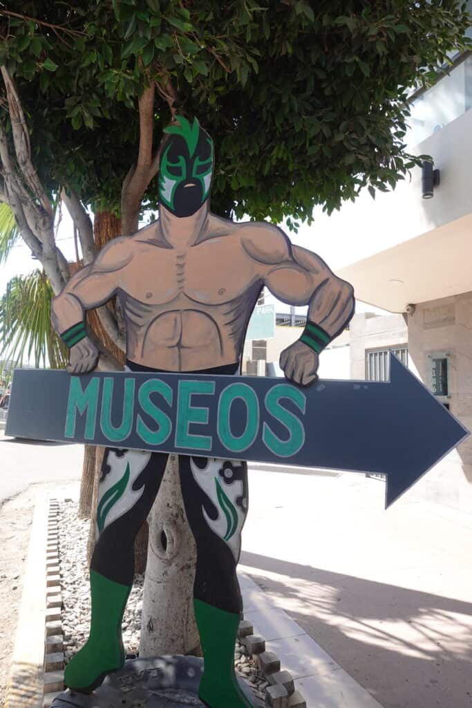 cardboard cutout of shirtless man wearing green and black lucha libre mask holding museum sign, mullme museum tijuana