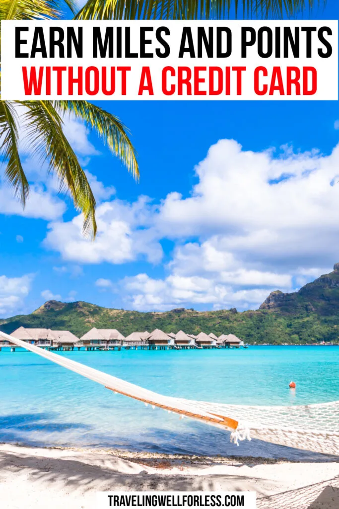 beach hammock hanging from palm tree in front of overwater bungalows; earn miles and points without a credit card