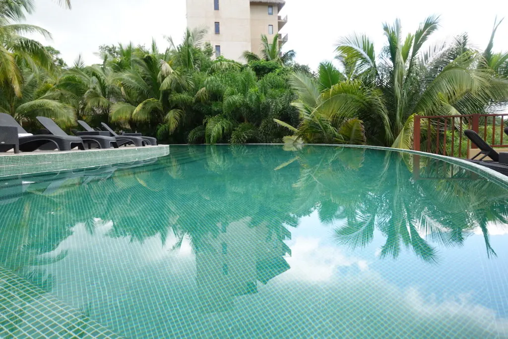 tiled infinity pool with palms trees