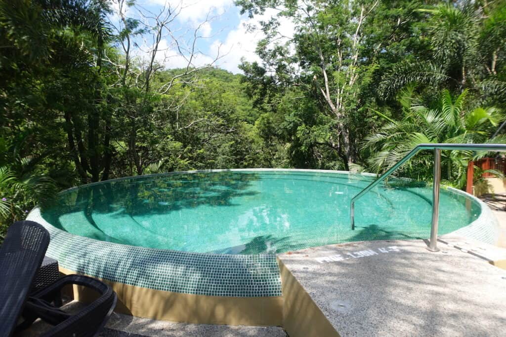 round cement step in jacuzzi surrounded by green trees