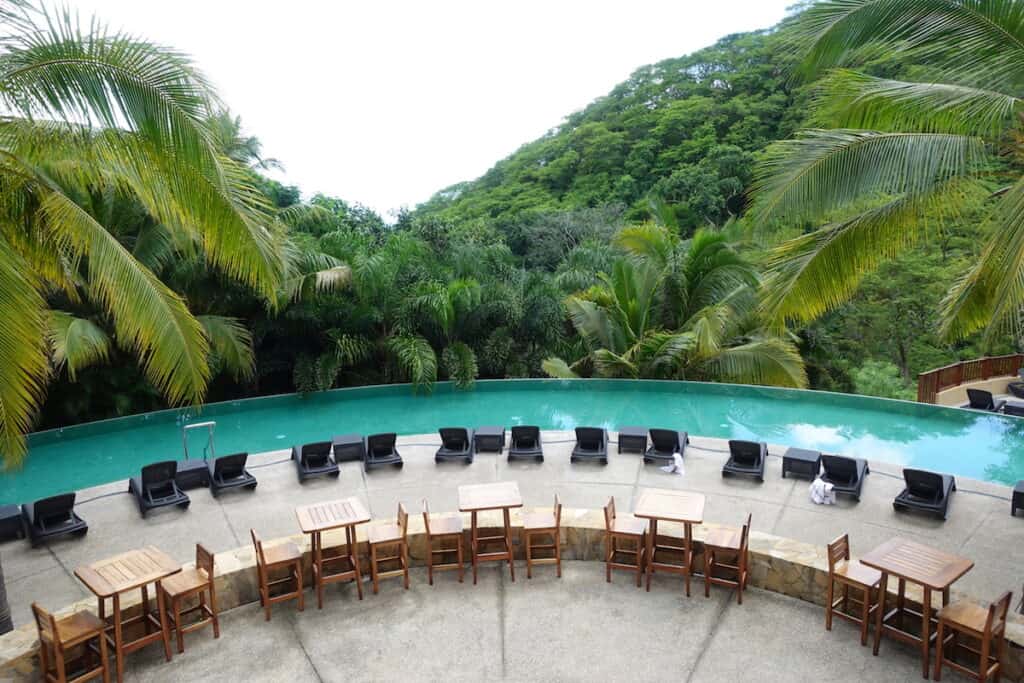 piscina infinita larga y curva rodeada de exuberantes palmeras verdes con tumbonas negras y sillas y mesas de madera