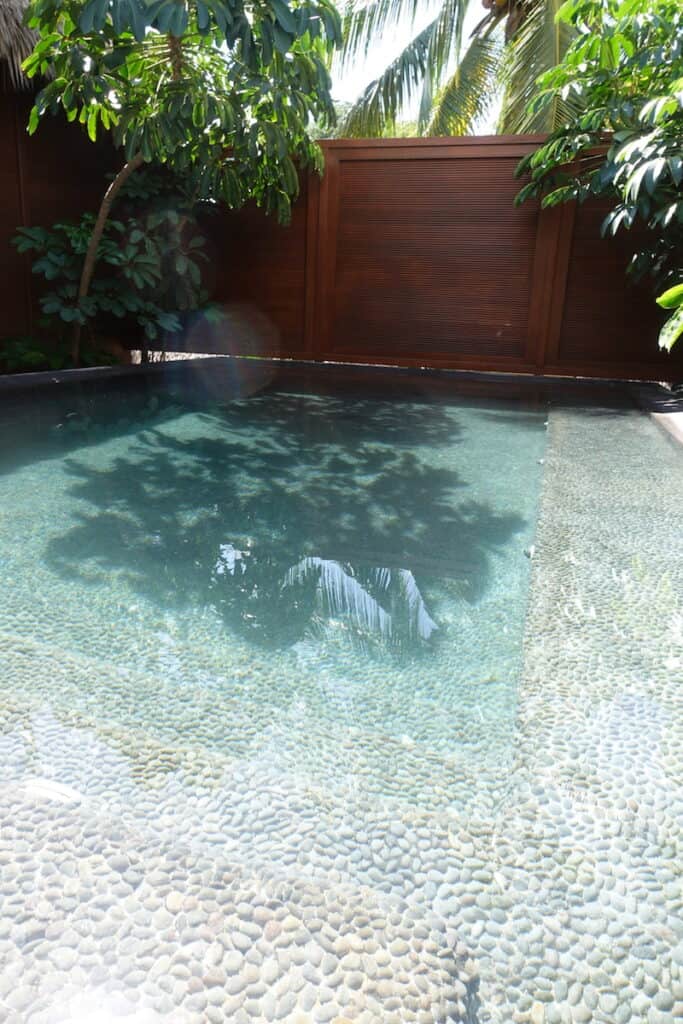 small cobblestoned lined pool with green trees and dark brown wood fence