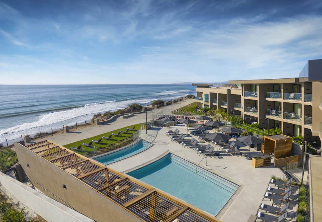 aerial view of pool at oceanfront hotel, alila marea beach resort encinitas