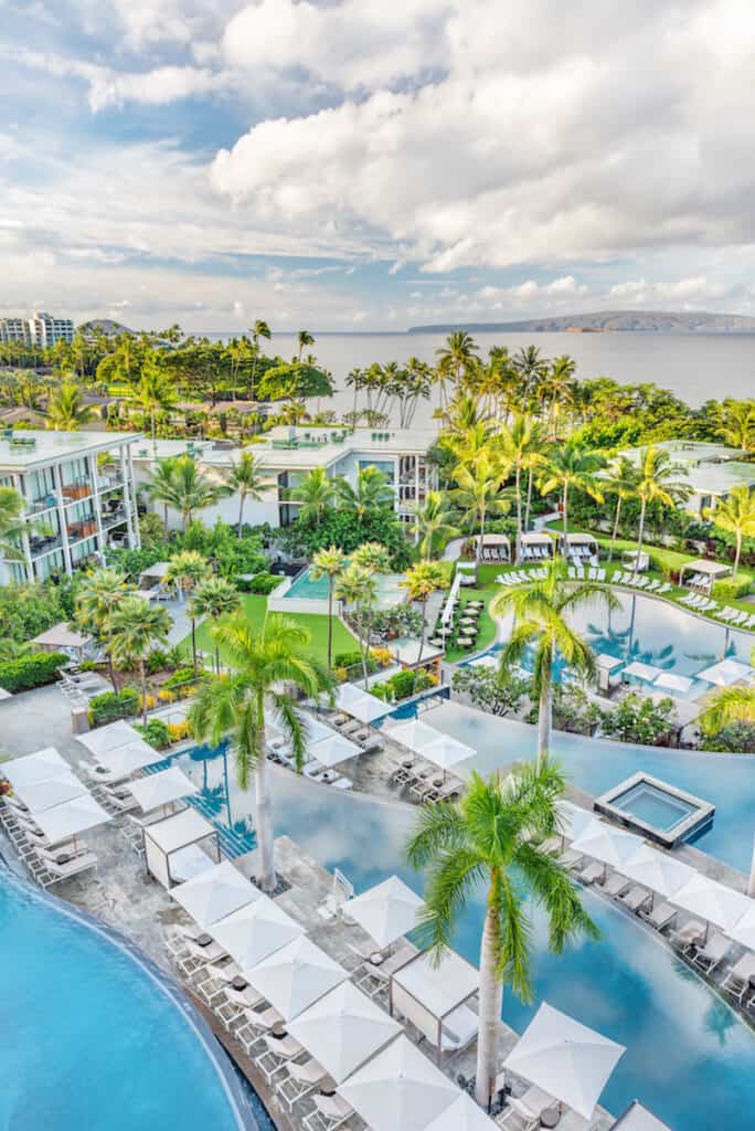 aerial view of multilevel pool at oceanfront resort in hawaii, andaz maui