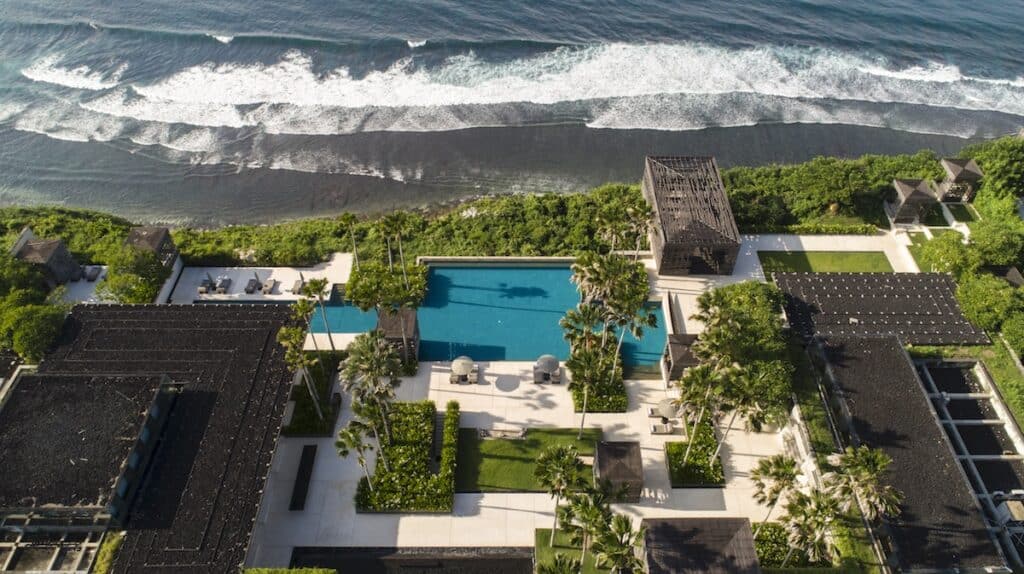 aerial view of oceanfront luxury hotel 