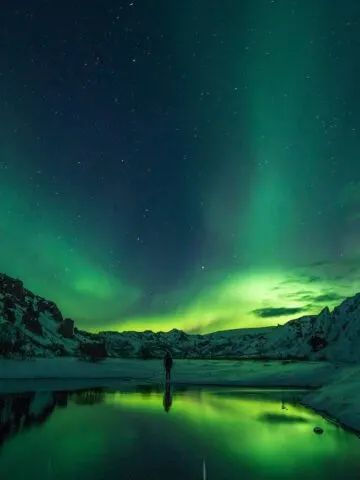 snow mountain with Aurora borealis