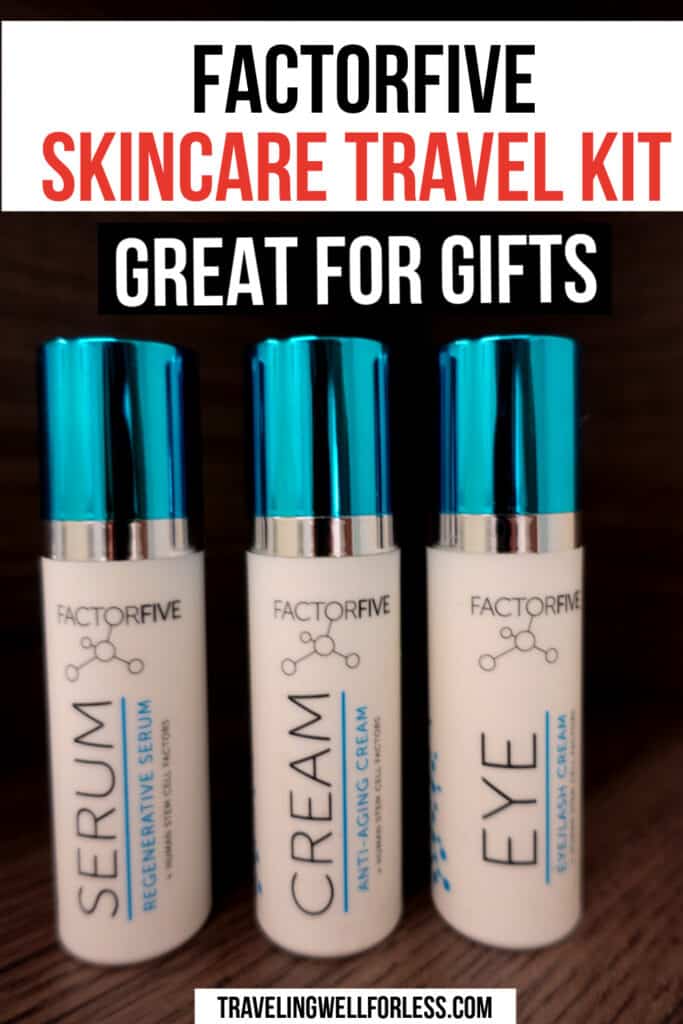 One of the best travel-sized skincare products is the Factorfive skincare travel kit. It also makes a great gift for any occasion. | travel beauty products | travel sized skincare | gifts | stocking stuffers | #travelwell4less
