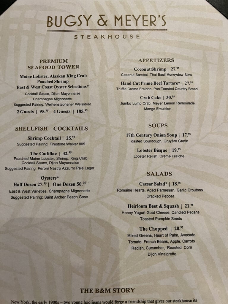 Bugsy and Meyers Steakhouse menu of appetizers