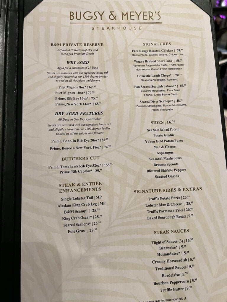 Bugsy and Meyers Steakhouse menu