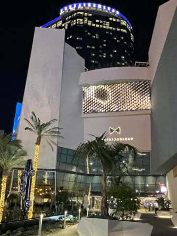 Lights wrapped around palm trees with car pointed towards ground in front of tall gray building at night