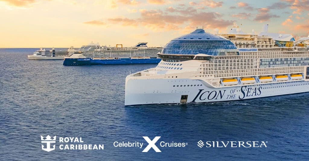 cruise ships from Royal Caribbean, Celebrity Cruises and Silversea cruises in the ocean during sunet