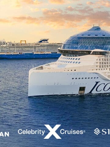 cruise ships from Royal Caribbean, Celebrity Cruises, and Silverseas in the ocean at sunset