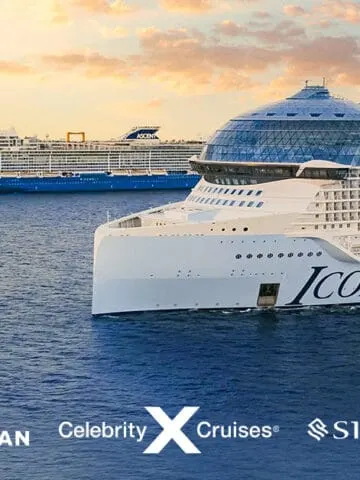 cruise ships from Royal Caribbean, Celebrity Cruises, and Silverseas in the ocean at sunset