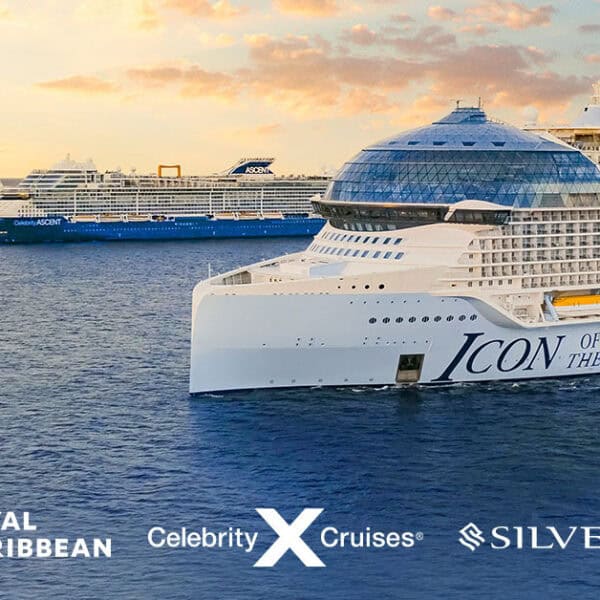 cruise ships from Royal Caribbean, Celebrity Cruises, and Silverseas in the ocean at sunset