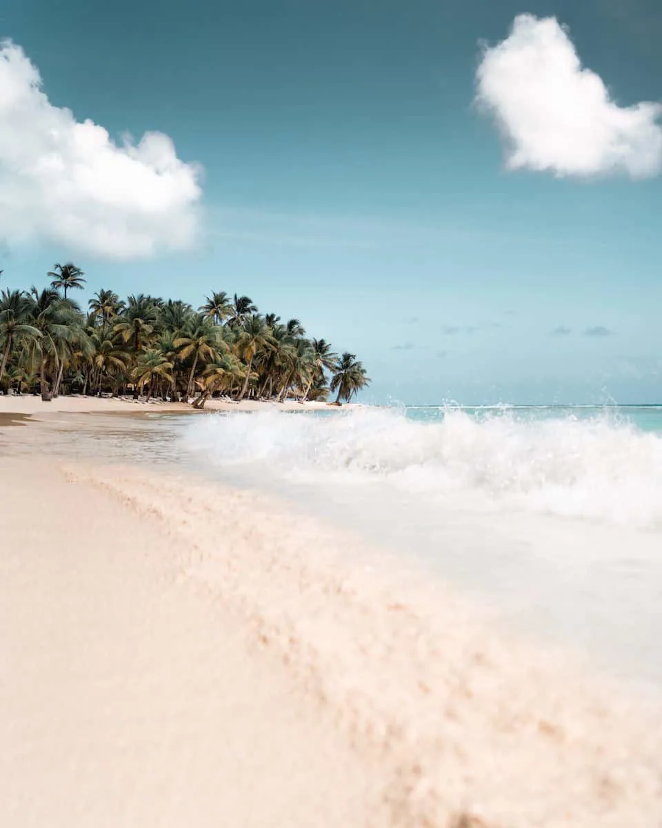 waves crashing on white sand beach in Dominican Republic, palm tress in background