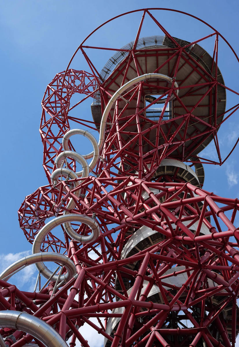 view looking up Arcelormittal Orbit Slide at Olympic Park