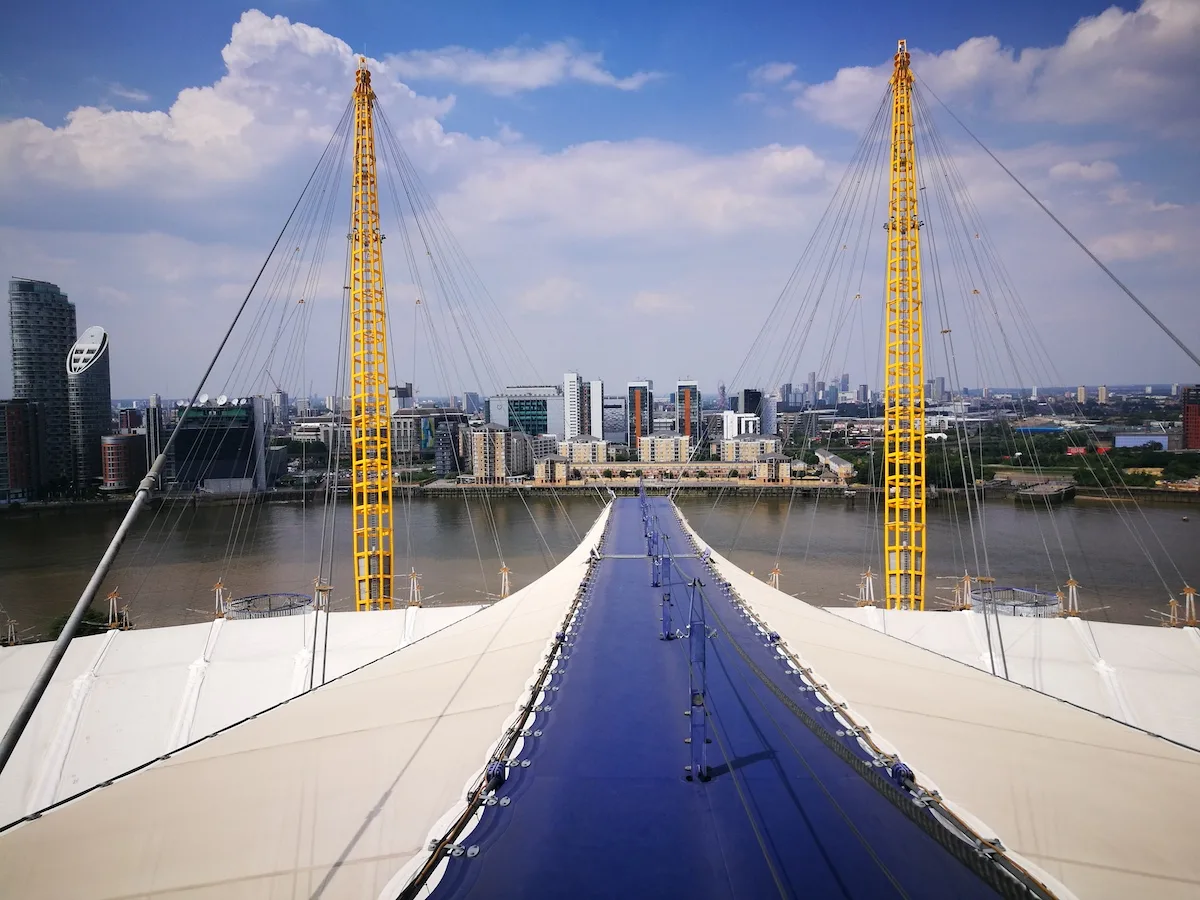 aerial view of buildings from the climb at the O2 london