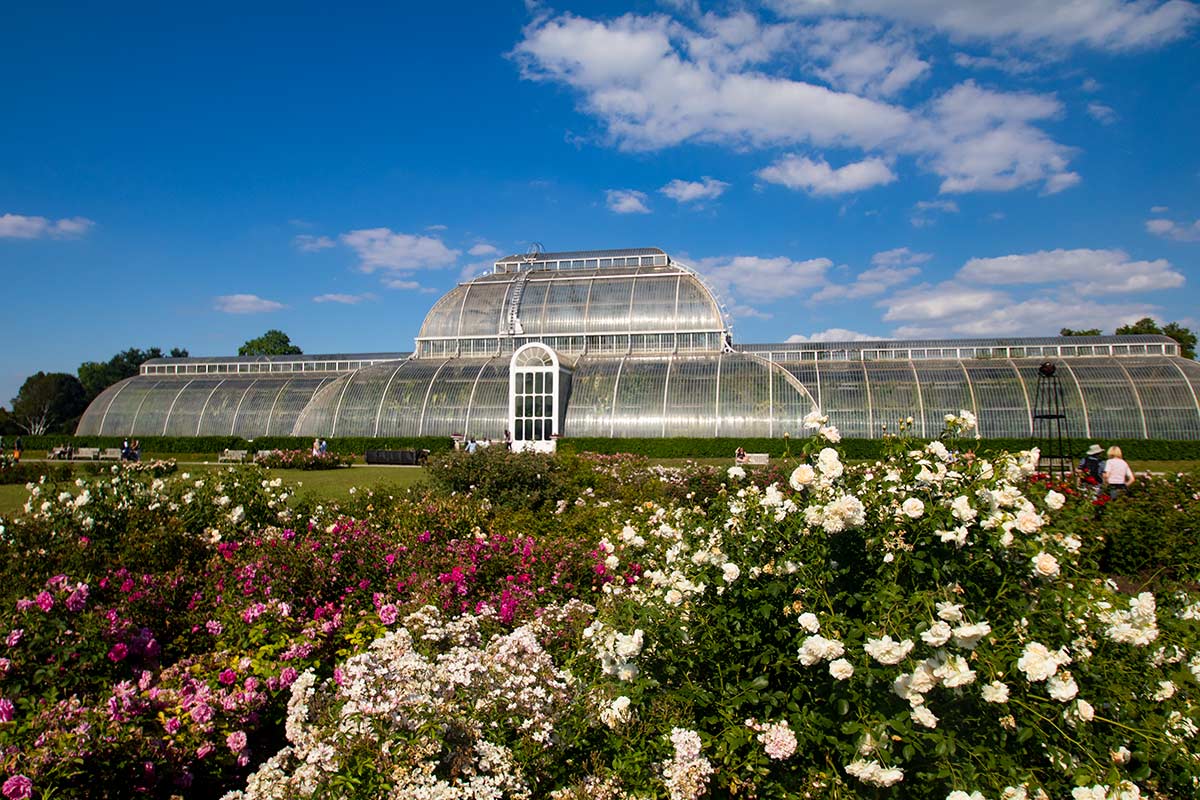 view of the front of a large greenhouse the Palm House at Kew Gardens