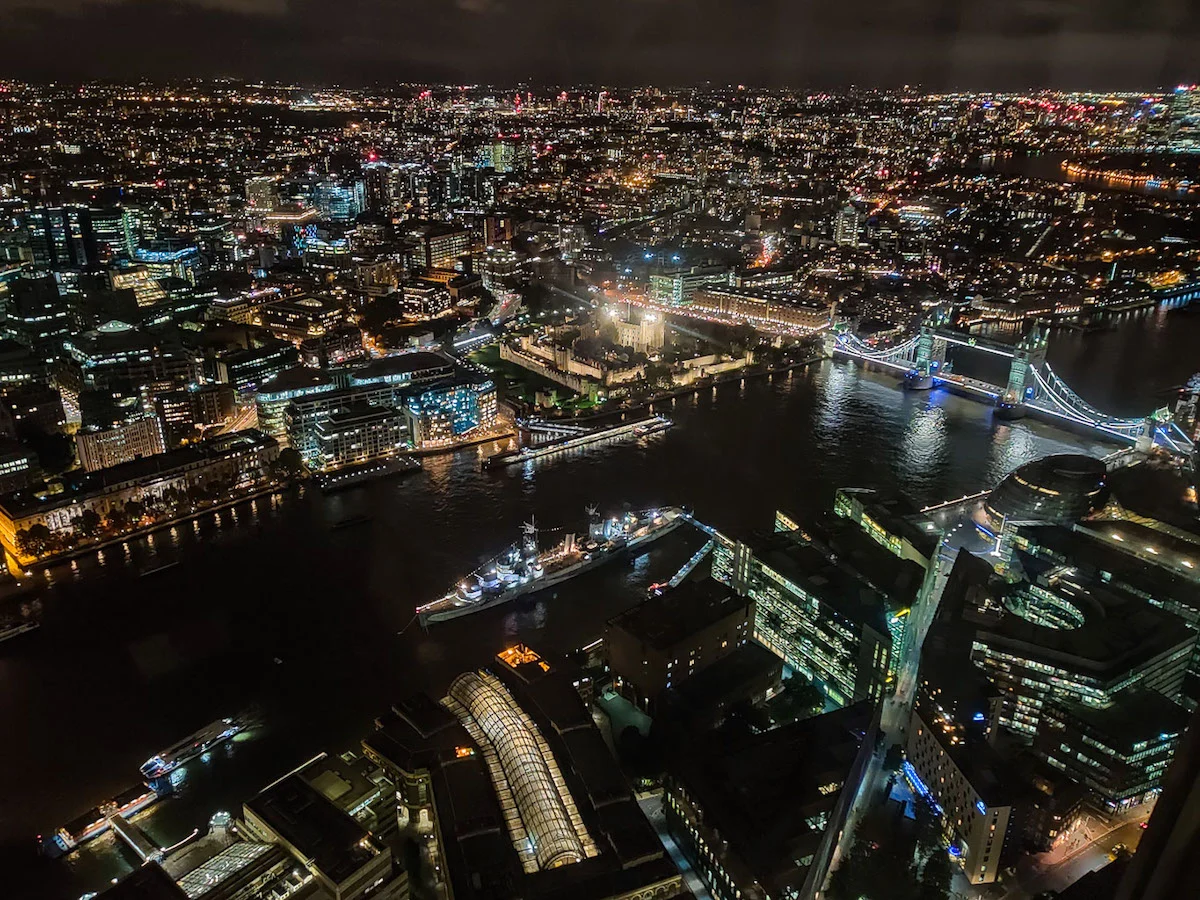 view of London at night from the Shard