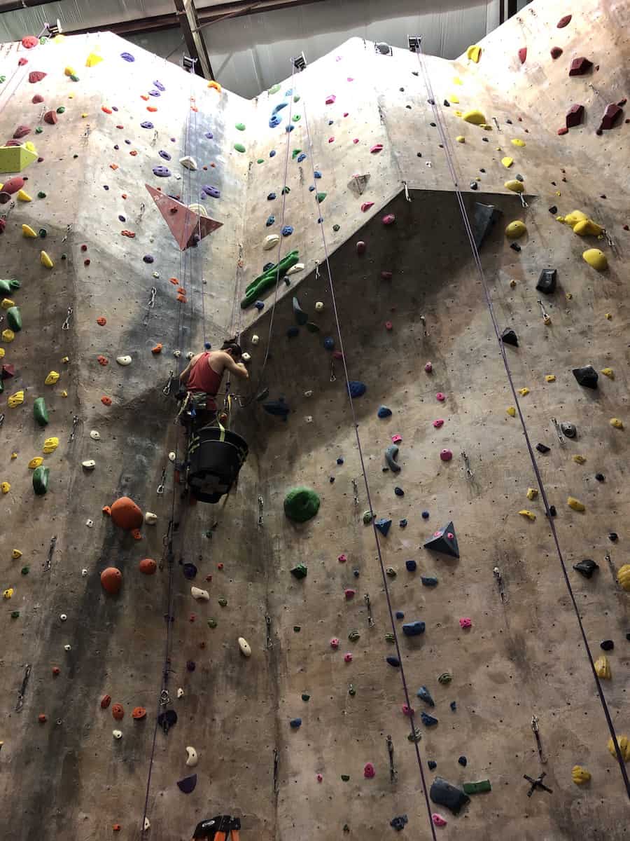 man harnessed into indoor rock climbing wall with a green bucket of hand and food holds