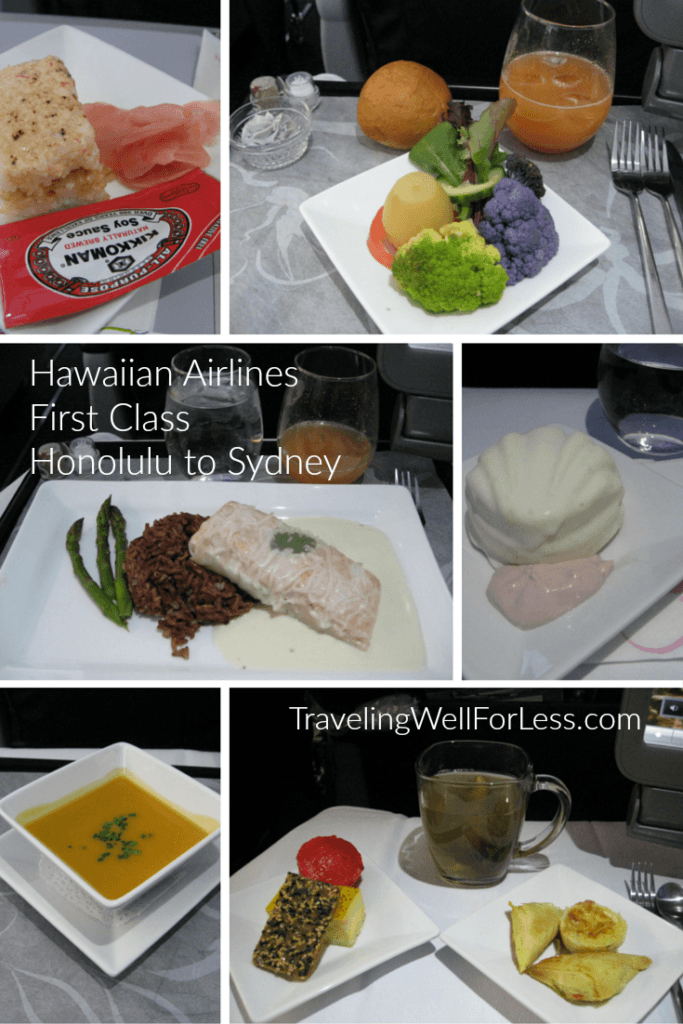 Hawaiian inspired dishes are served when you fly Hawaiian Airlines from Honolulu to Sydney. Traveling Well For Less